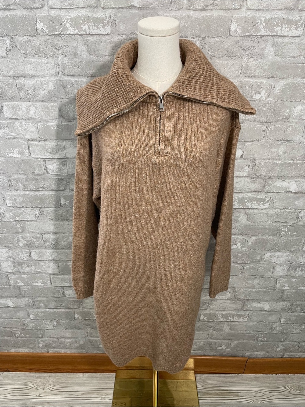 All in Favor Camel Brown Mini Sweater Dress with Zip Collar